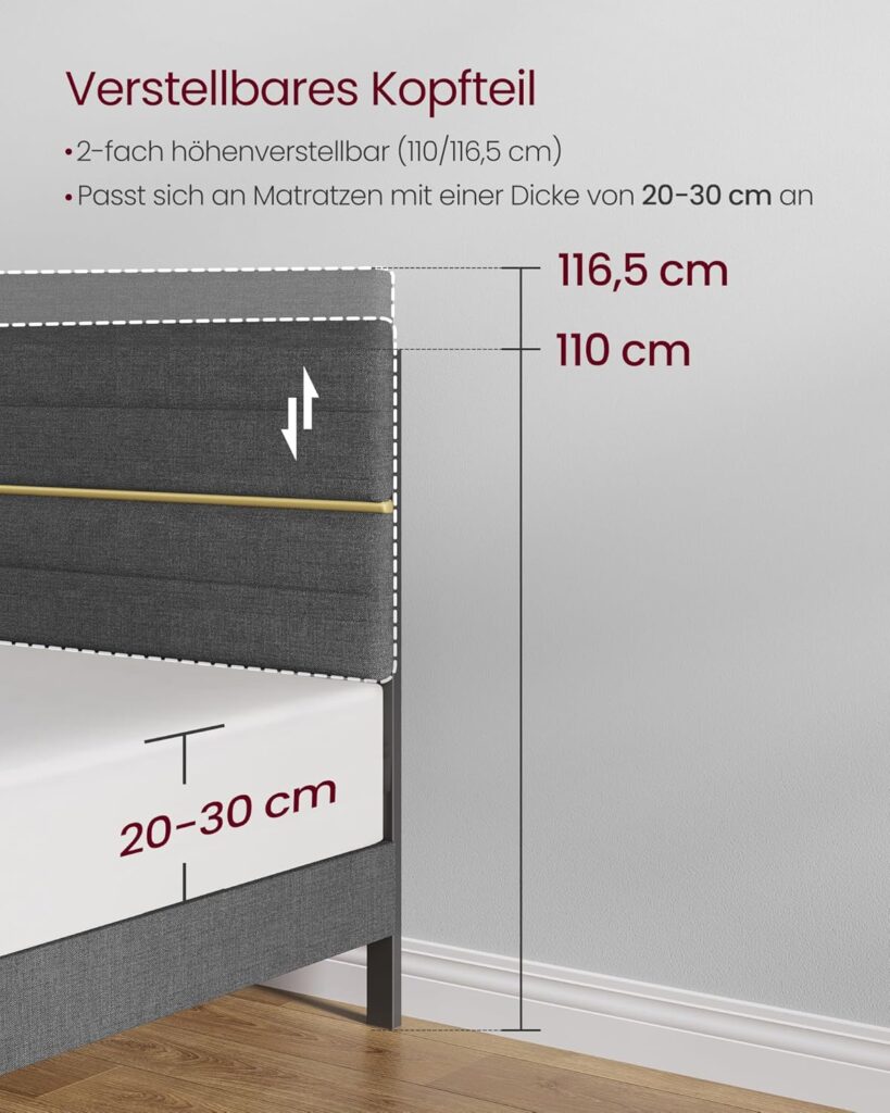 Polsterbett 140×200 cm, Doppelbettgestell mit verstellbarem Kopfteil, stabiler Bettrahmen aus Metall & Massivholz, modern, schiefergrau