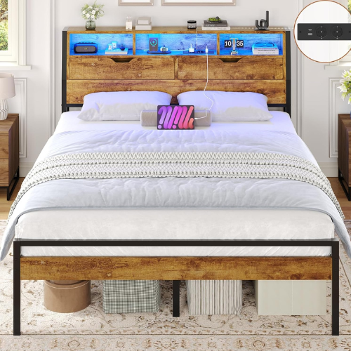 Bett 120x200 cm mit LED, Stauraum & Holz-Kopfteil