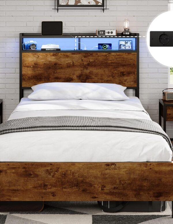 Metallbett 90x200 LED USB Holz Kopfteil Bett