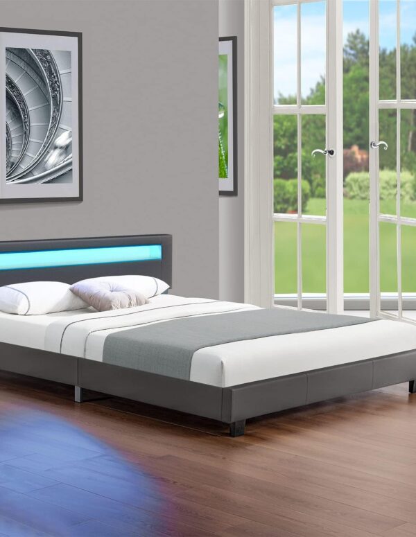 LED Double Bed 180x200 cm Grey Faux Leather