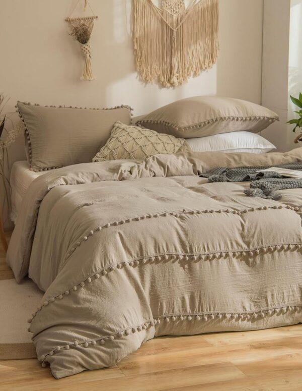 Khaki Boho Bettwäsche 200x200 cm mit Quasten Set