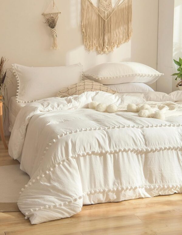 Weiß Boho Bettwäsche 200x200 cm mit Bommeln Set