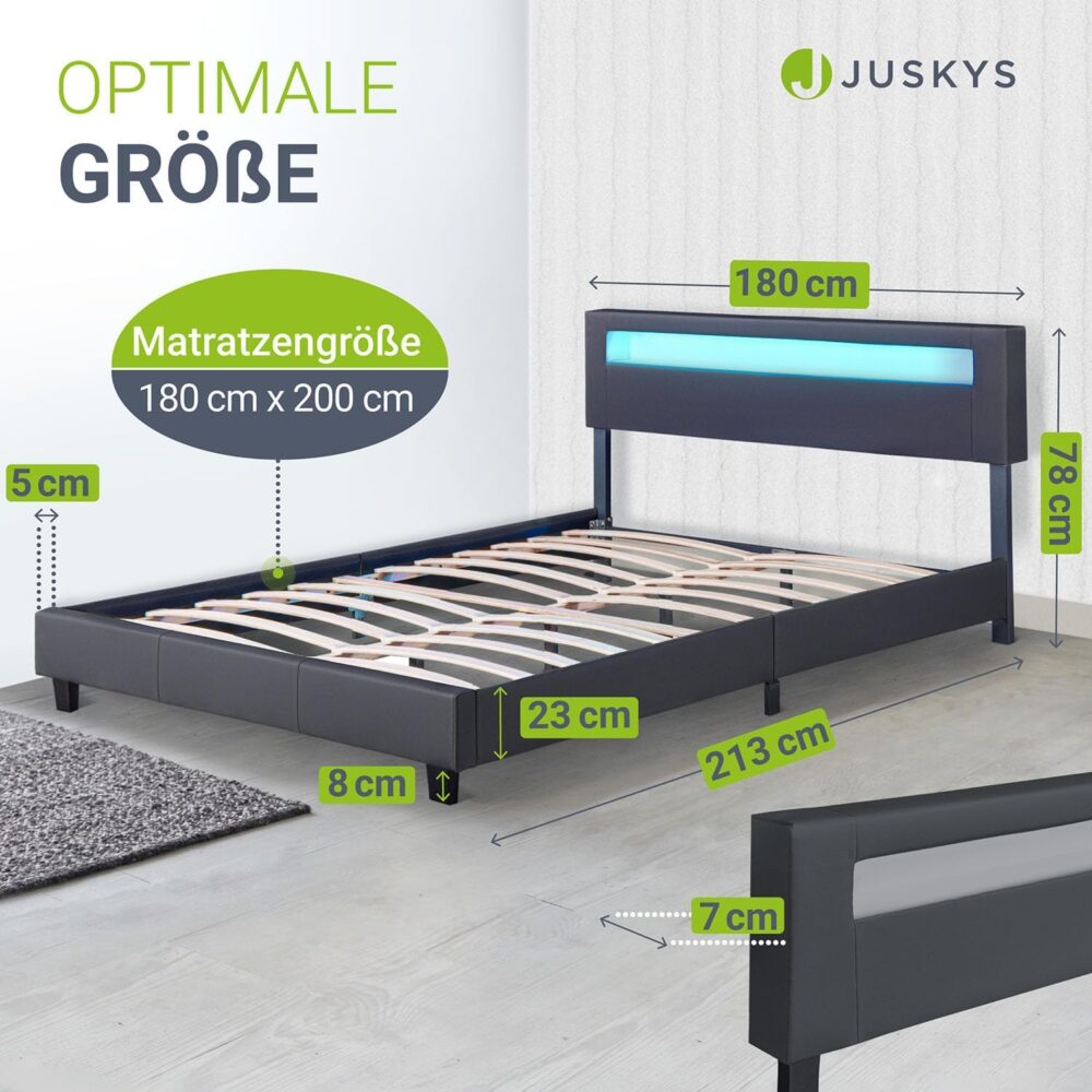 LED Double Bed 180x200 cm Grey Faux Leather – Bild 2