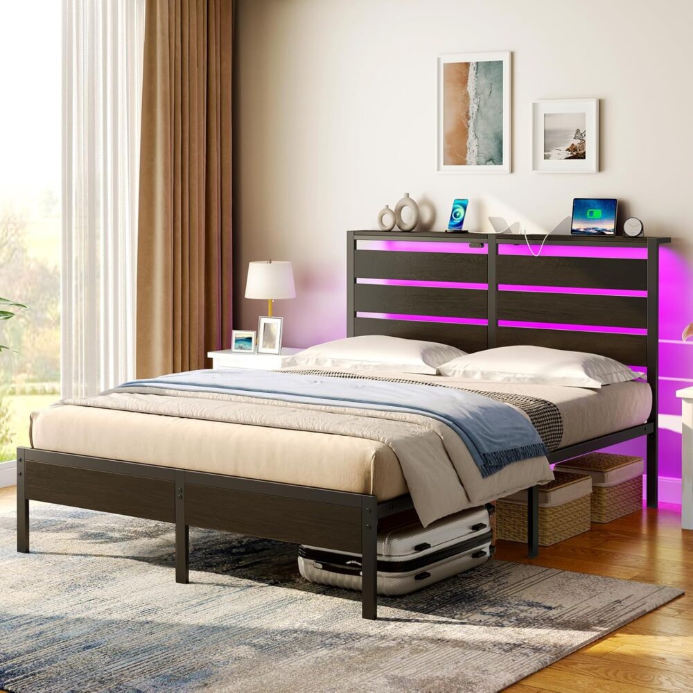 Metallbett 140x200 LED USB Holz Kopfteil Stauraum – Bild 2