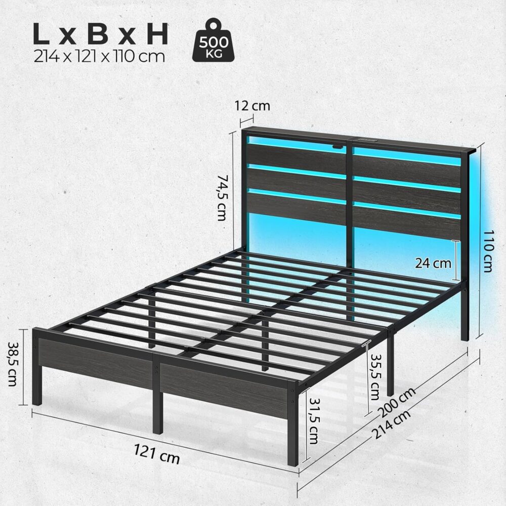 Metallbett 140x200 LED USB Holz Kopfteil Stauraum – Bild 3