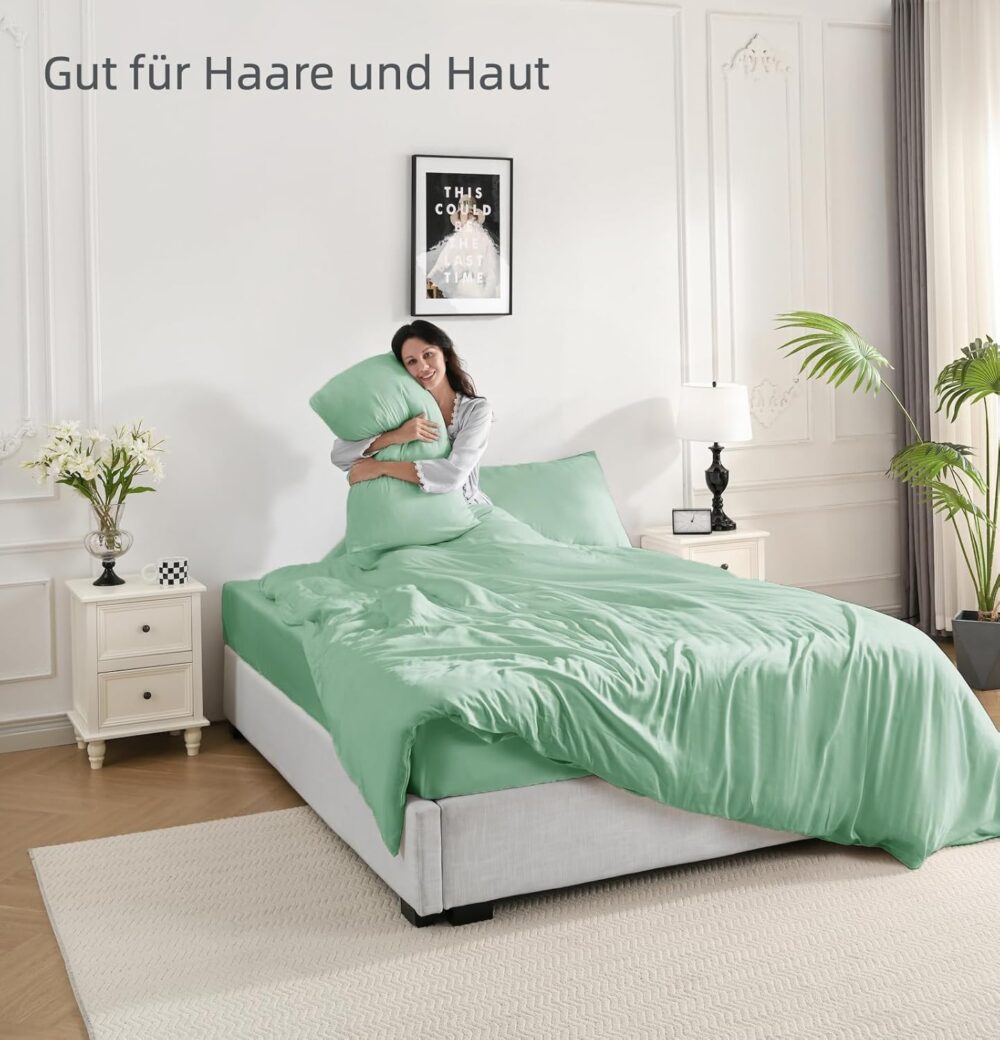 Bambus Bettwäsche 135x200 cm Grün Weich Luxus Set – Bild 2