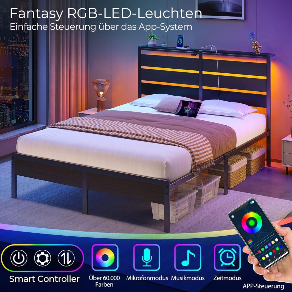Metallbett 140x200 LED USB Holz Kopfteil Stauraum – Bild 4