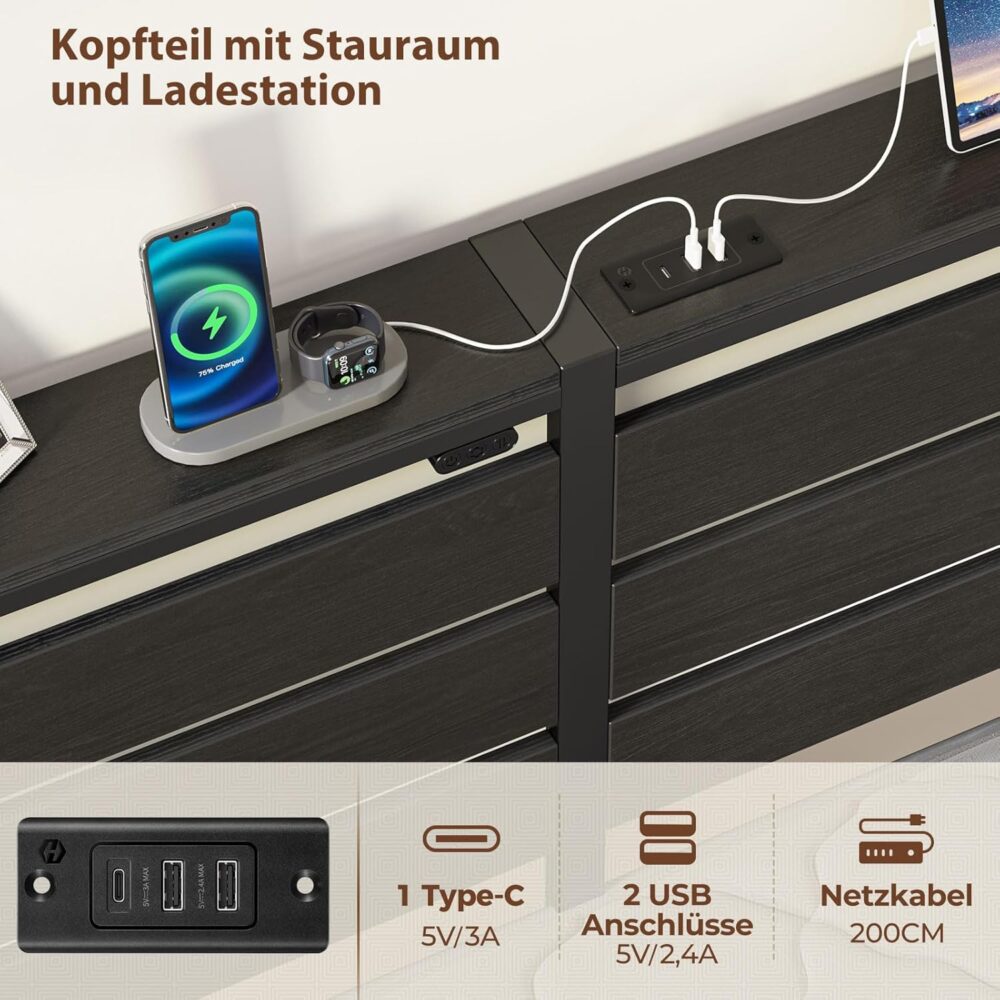 Metallbett 140x200 LED USB Holz Kopfteil Stauraum – Bild 5