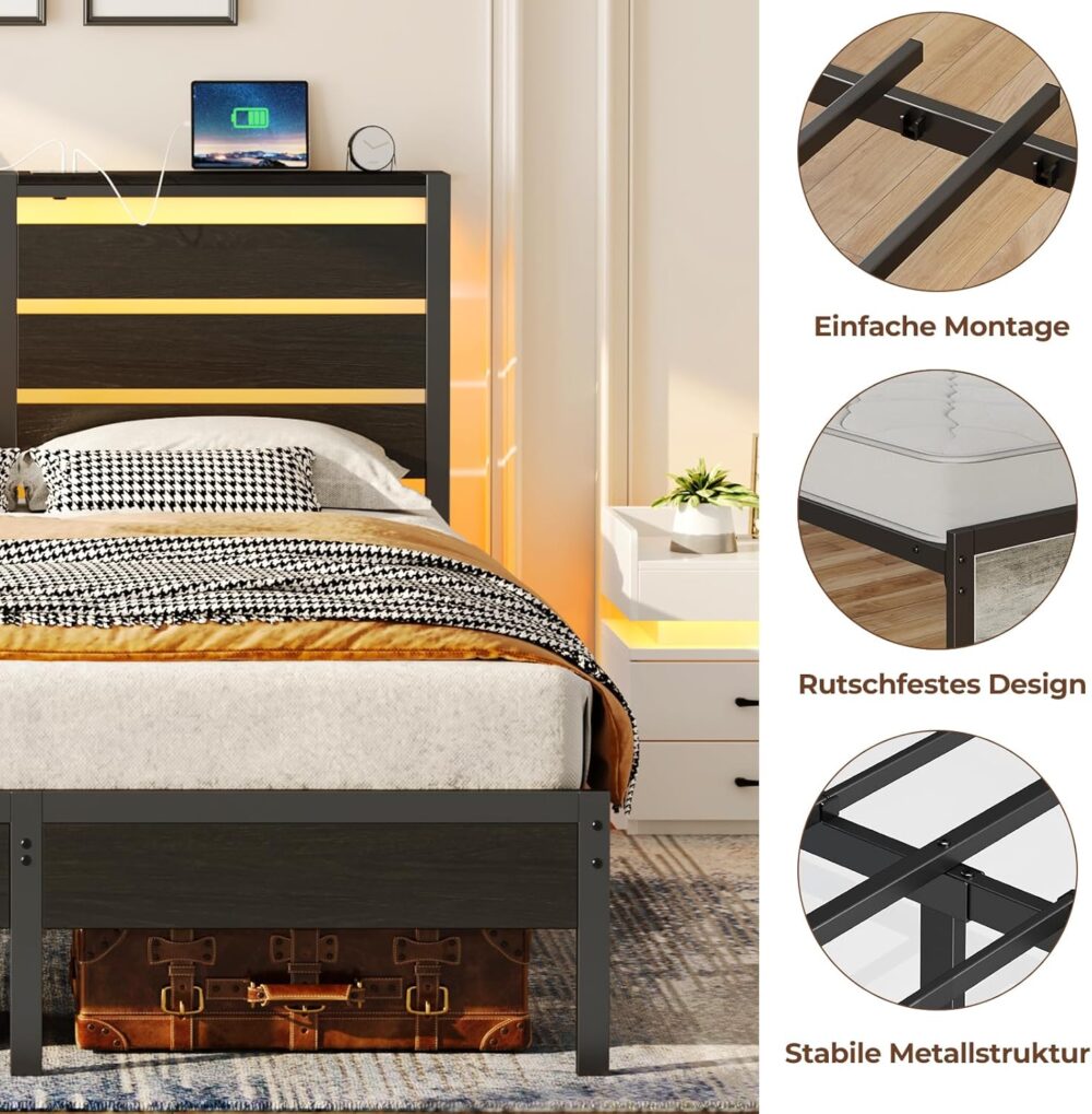 Metallbett 140x200 LED USB Holz Kopfteil Stauraum – Bild 6
