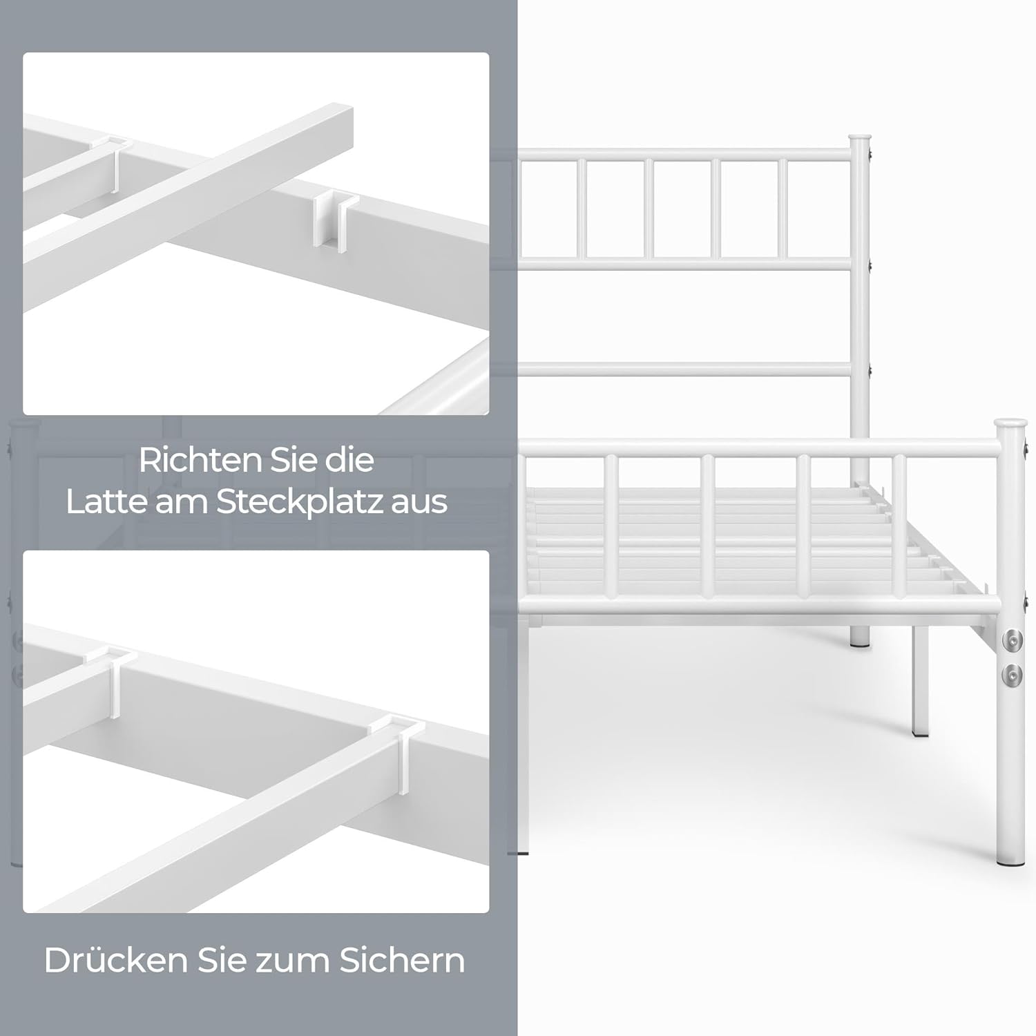 Metallbett 140x200 cm mit Kopfteil und Lattenrost Weiß – Bild 8