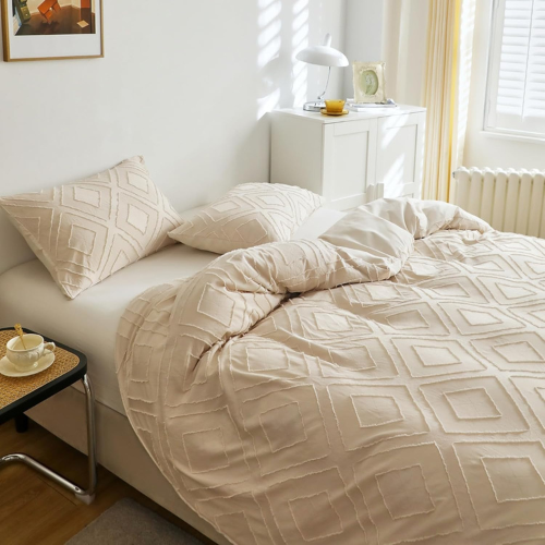 Beige Boho Bed Linen 135x200 cm Tufted Soft Set