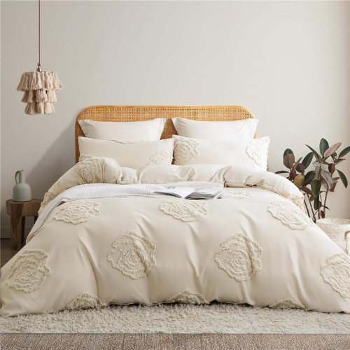 Beige Boho Bettwäsche 135x200 cm Blumen Stickerei Set