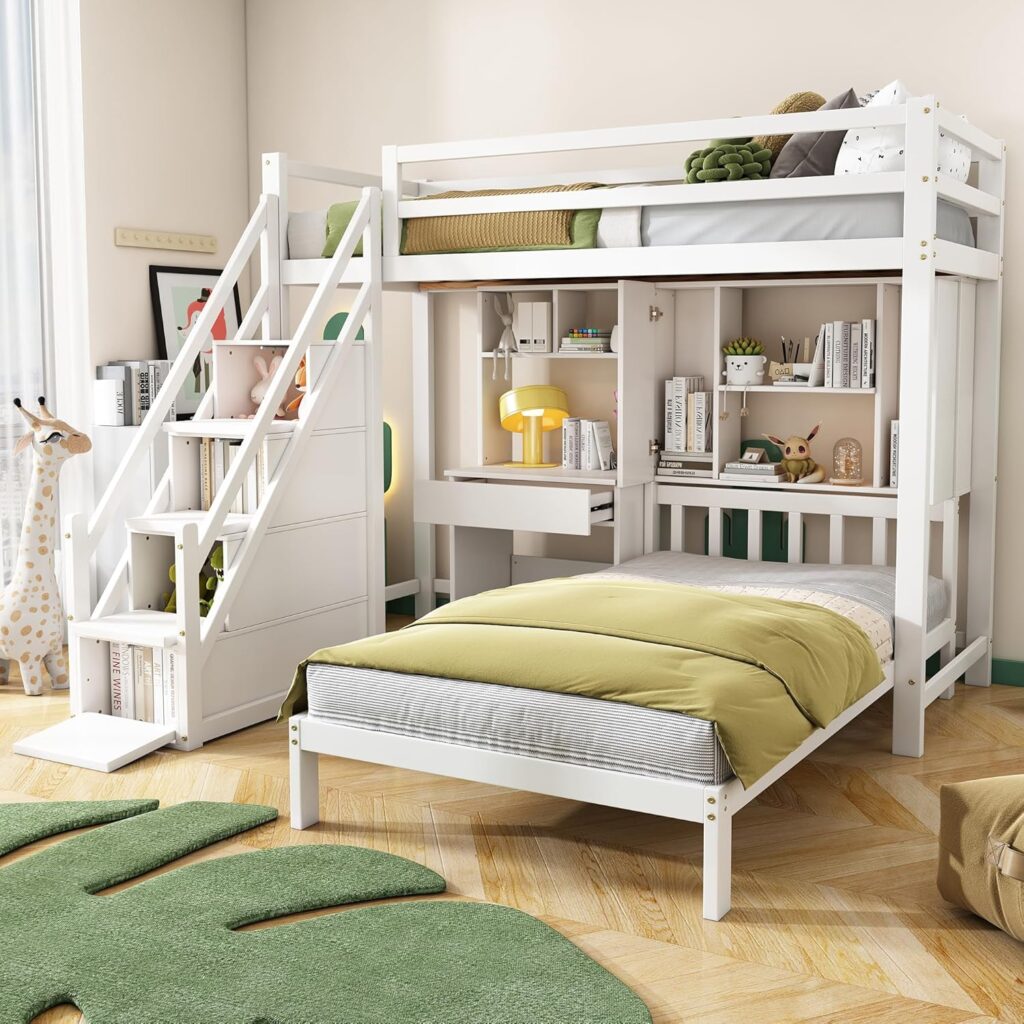 Etagenbett 90 x 200 cm, multifunktionales Kinderbett mit Schreibtisch und Regalen, Etagenbett mit Stauraumtreppe und Lattenrost, großer Stauraum, Kinder-Doppelbett, weiß, ohne Matratze