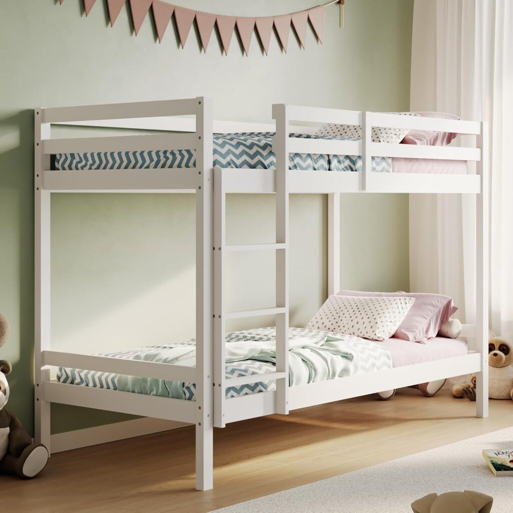 Etagenbett, Etagenbett 90 x 200 cm, Kinderbett aus Holz, EN 747 zertifiziert, platzsparendes und sicheres Etagenbett, 206 x 96 x 146 cm (B x T x H), weiß, geeignet für 4 bis 18 Jahre