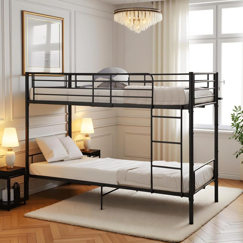Metall-Etagenbett, Etagenbett, 90 x 200 cm, Metallbett, Jugendbett, Doppelstockbett mit Lattenrost, Schlafzimmer – Schwarz