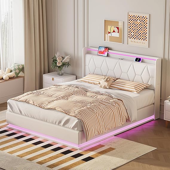 Velvet Box Bed 140x200 cm with LED and USB Port