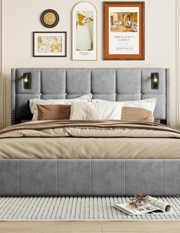 Velvet Box Bed 140x200 cm with Reading Light Grey