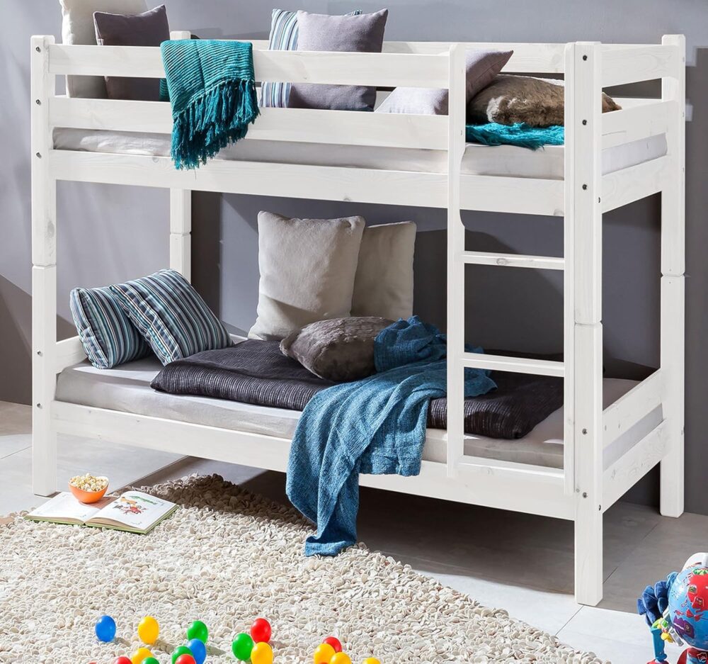Kinderbett Massivholz Etagenbett Spielbett 90 x 200 cm, geeignet für Matratzen, Weiß