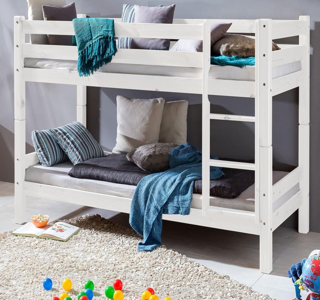 Kinderbett Massivholz Etagenbett Spielbett 90 x 200 cm, geeignet für Matratzen, Weiß