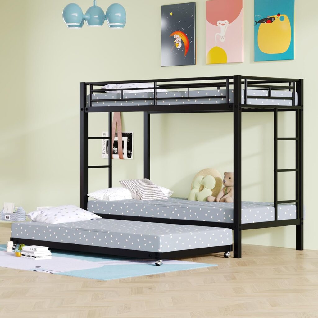 Etagenbett mit Ausziehbett, für 3 Erwachsene und Kinder, Metall-Jugendbett, dreifach, 90 x 200 + 90 x 190 cm, Schwarz
