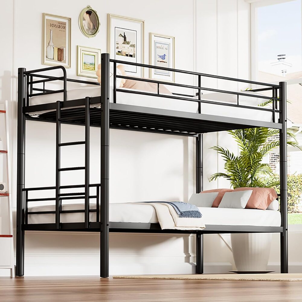 Etagenbett 90 x 200 cm mit Fallschutz und Lattenrost, in zwei Einzelbetten umwandelbar, funktionales Etagenbett – Schwarz