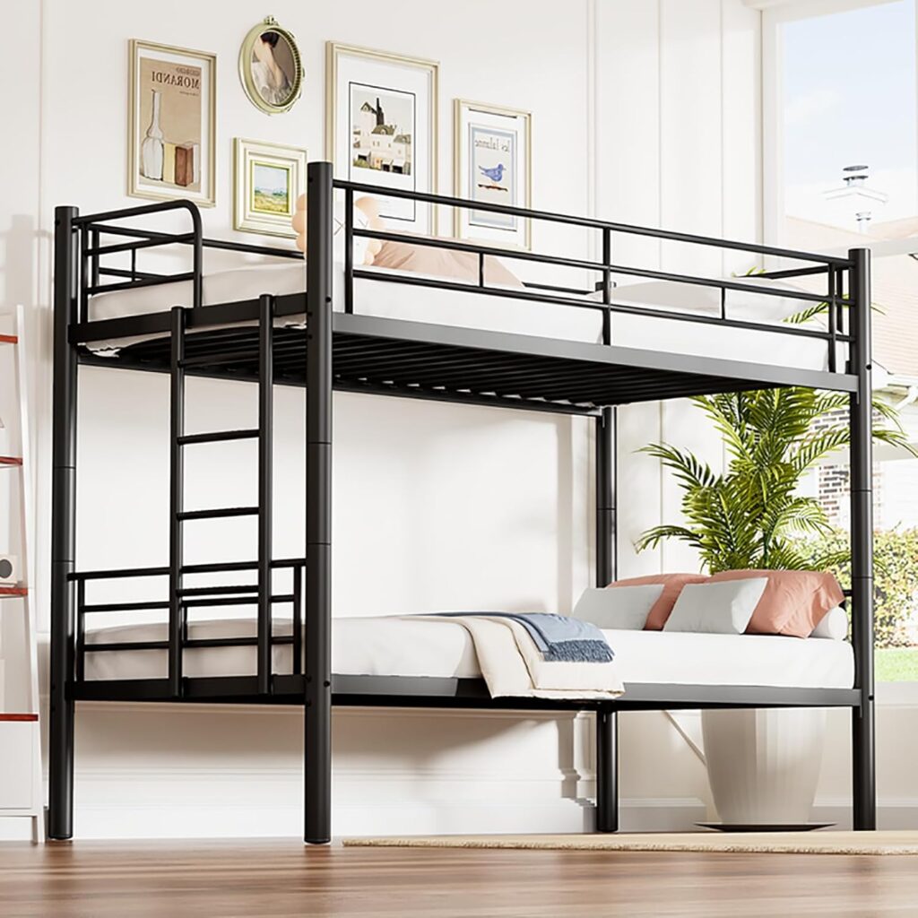 Etagenbett 90 x 200 cm mit Fallschutz und Lattenrost, in zwei Einzelbetten umwandelbar, funktionales Etagenbett – Schwarz
