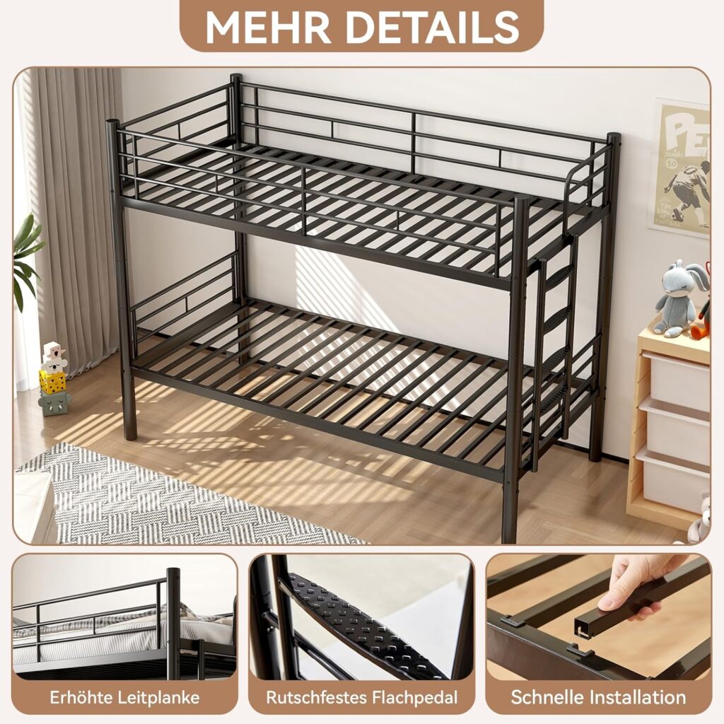 Kinder-Etagenbett 90 x 200 cm mit Sicherheitsgeländer, Metallbett, in 2 Einzelbetten umwandelbar, mit Lattenrost und rutschfester Leiter – Schwarz