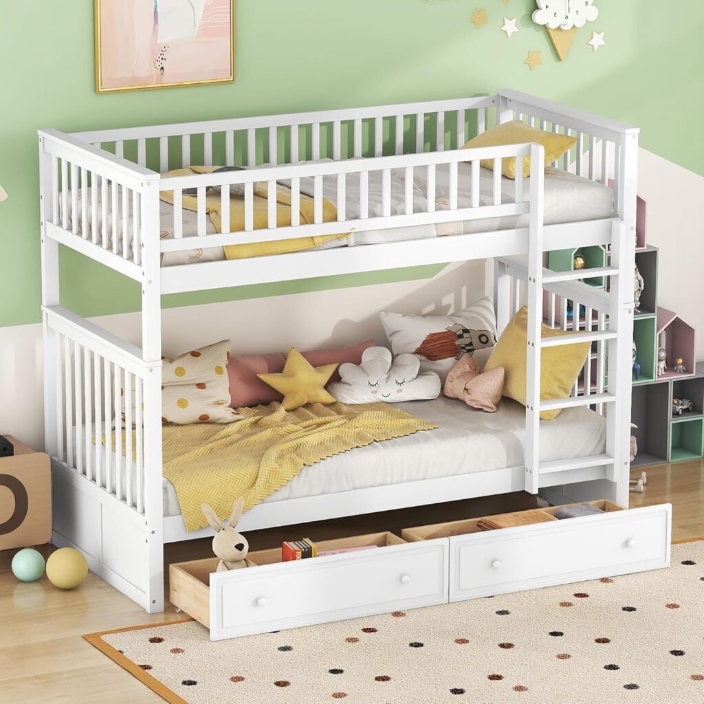 Children’s Wooden Bunk Bed 90×200 cm – White Convertible Bed for 2 Kids with Storage Drawers, Ladder, Fall Protection & Slatted Frame
