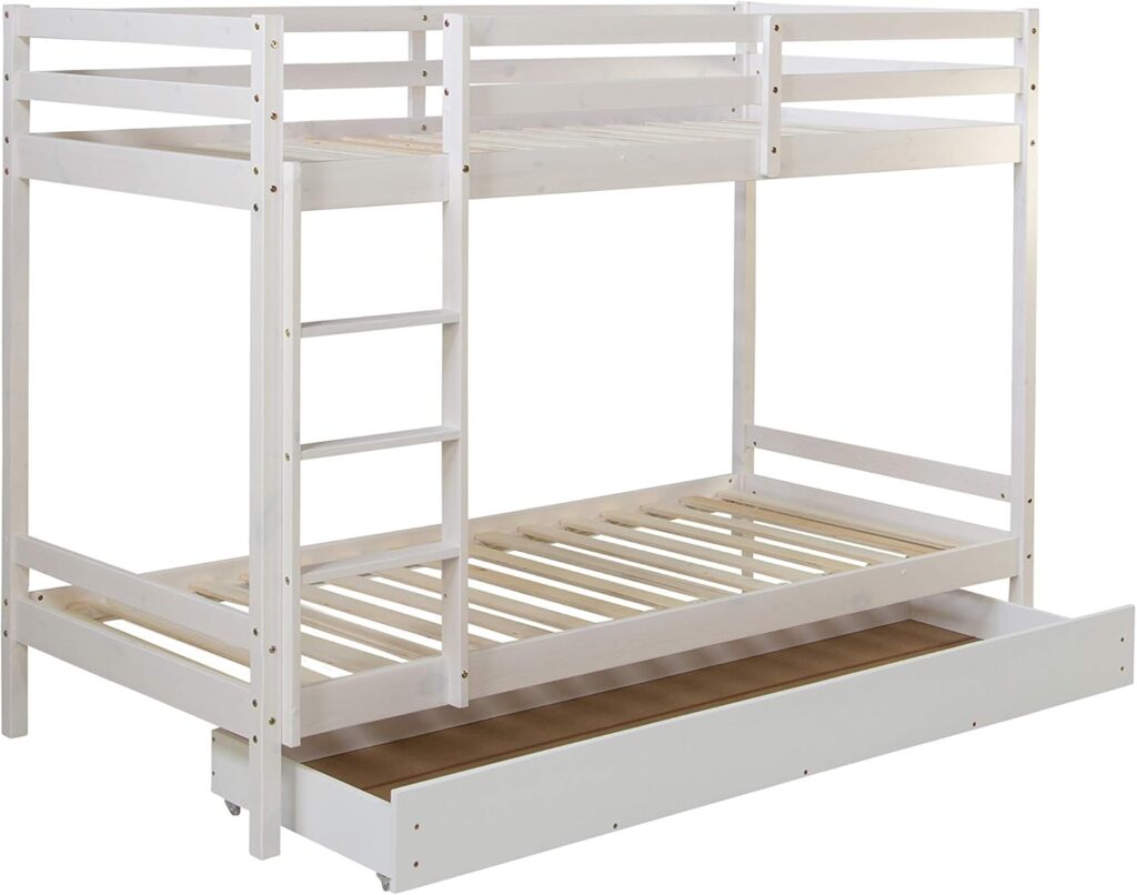 White Wooden Bunk Bed for Children 90 x 200 cm – Space-Saving Kids Bed with Ladder and Safety Rails