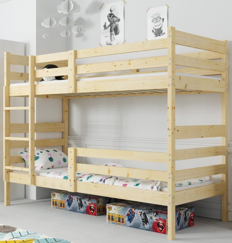 Wooden Bunk Bed for Children and Teens – 190 x 90 cm Solid Pine Youth Bed with Slatted Frame and Fall Protection, Natural Raw Wood Finish