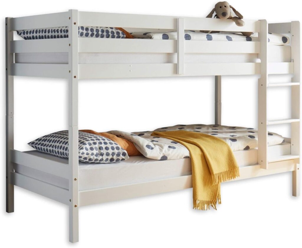 „Hochbett mit Leiter und zwei Liegeflächen 90 x 200 cm – Platzsparendes Kinder-Etagenbett aus Massivholz Kiefer Weiß – 97 x 140 x 207 cm (B x H x T)“