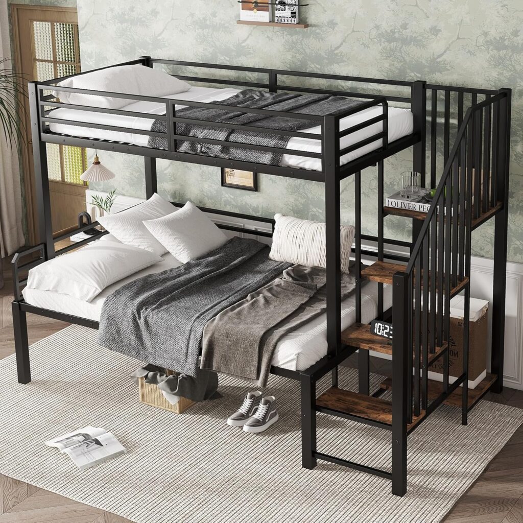 „Kinder-Etagenbett für 2 Personen, 90 x 200 cm und 120 x 200 cm – Metallbett mit Treppe, Regalablage, Lattenrost und Absturzsicherung, ohne Matratze, Schwarz“