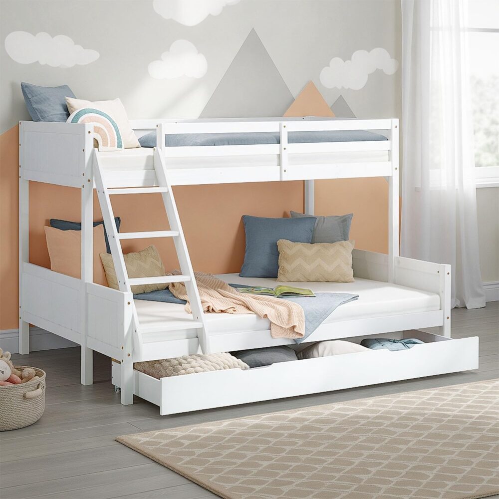 "Kinder-Etagenbett mit Bettkasten, 90 x 200 cm und 140 x 200 cm – Weißes Holz-Etagenbett für Kinder, inklusive Stauraum | Artikel 2723"