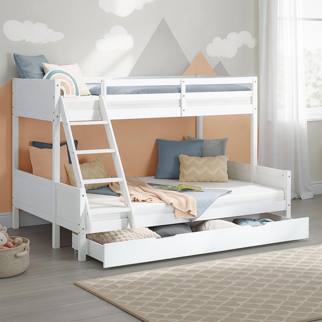 „Kinder-Etagenbett mit Bettkasten, 90 x 200 cm und 140 x 200 cm – Weißes Holz-Etagenbett für Kinder, inklusive Stauraum | Artikel 2723“