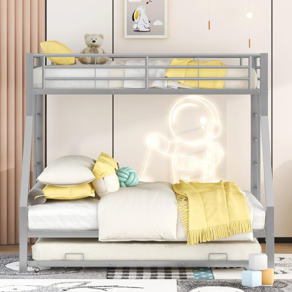 „Metall-Etagenbett mit ausziehbarem Zusatzbett, beidseitiger Leiter, für Kinder, Jugendliche und Erwachsene, leicht zu montieren, 90 (140) x 200 cm, Silber“
