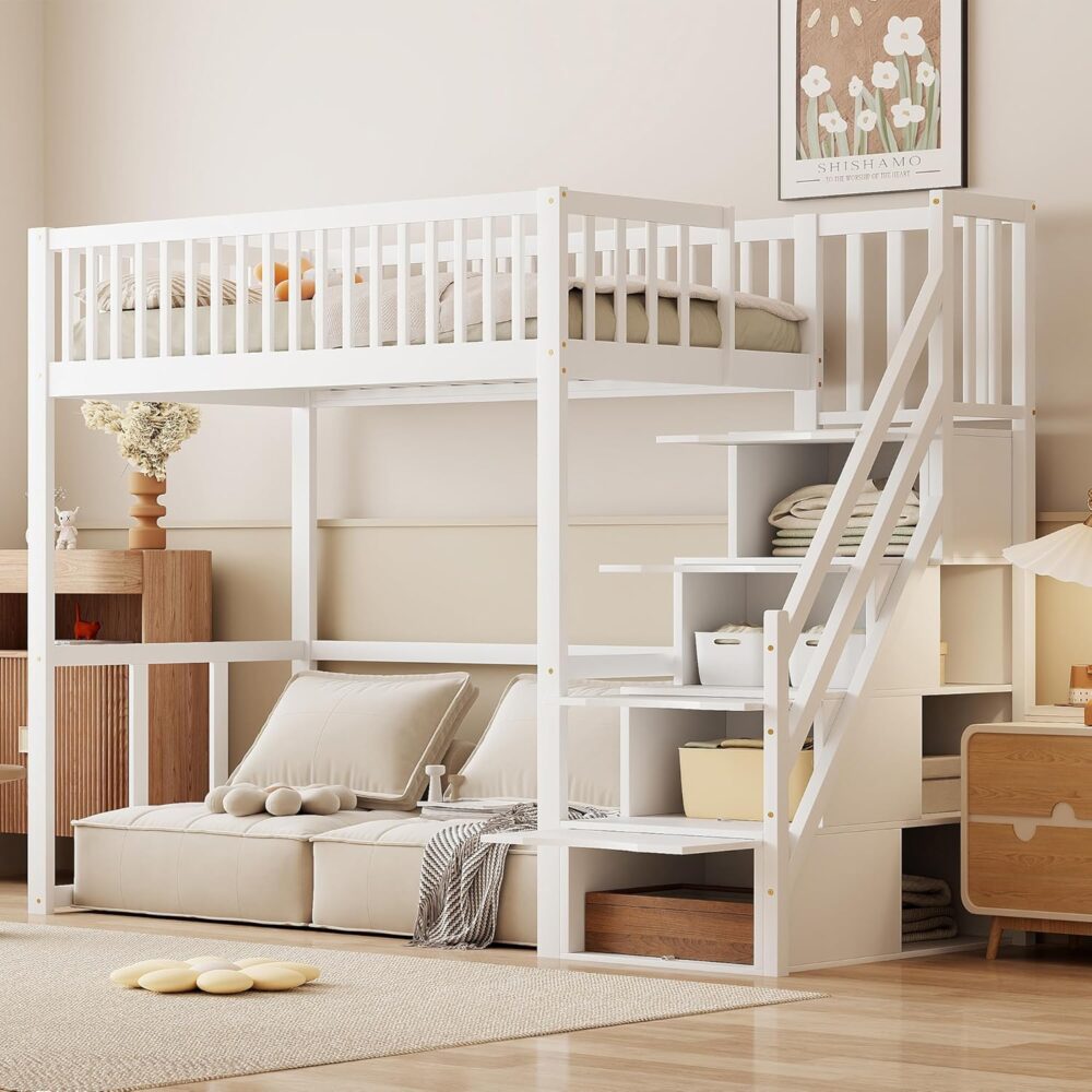 Wooden Bunk Bed White 90x200 cm with Ladder & Storage
