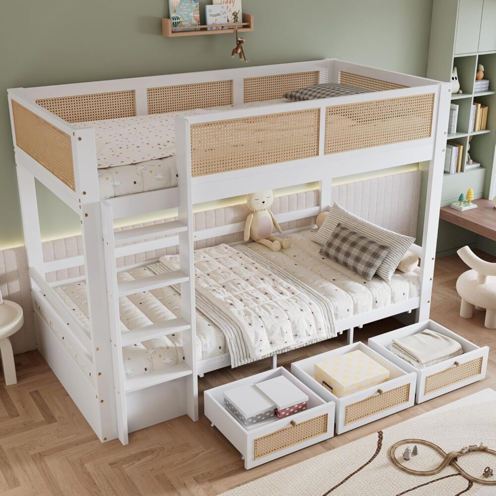 Wooden Kids Bunk Bed 90x200 cm with 3 Drawers