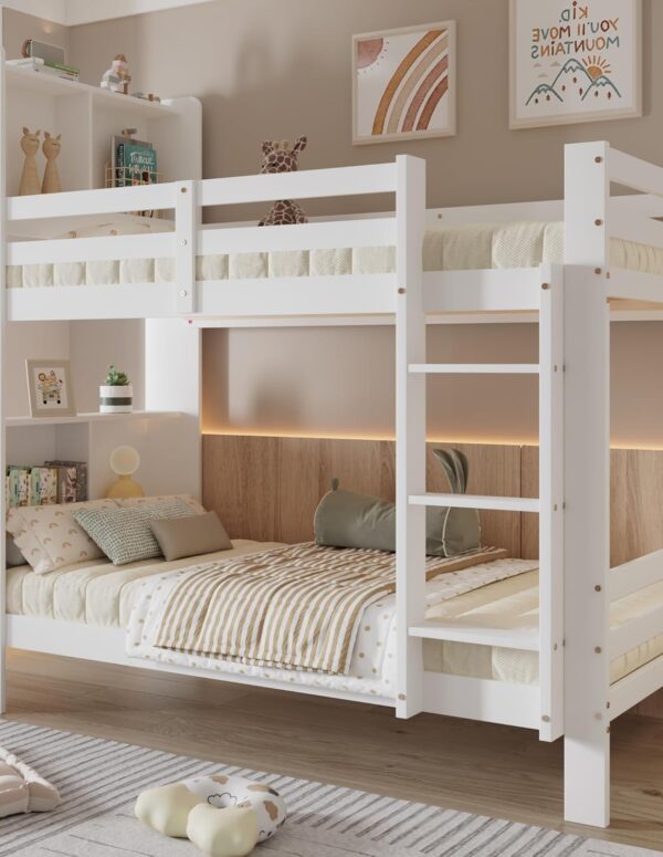 Wooden bunk bed white 90x200 cm with shelves and ladder