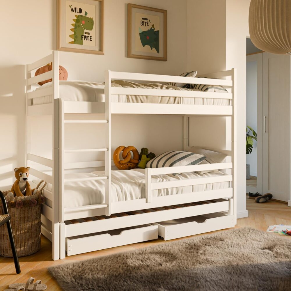 Holz Etagenbett 90x200 cm mit Ausziehbett & Schubladen