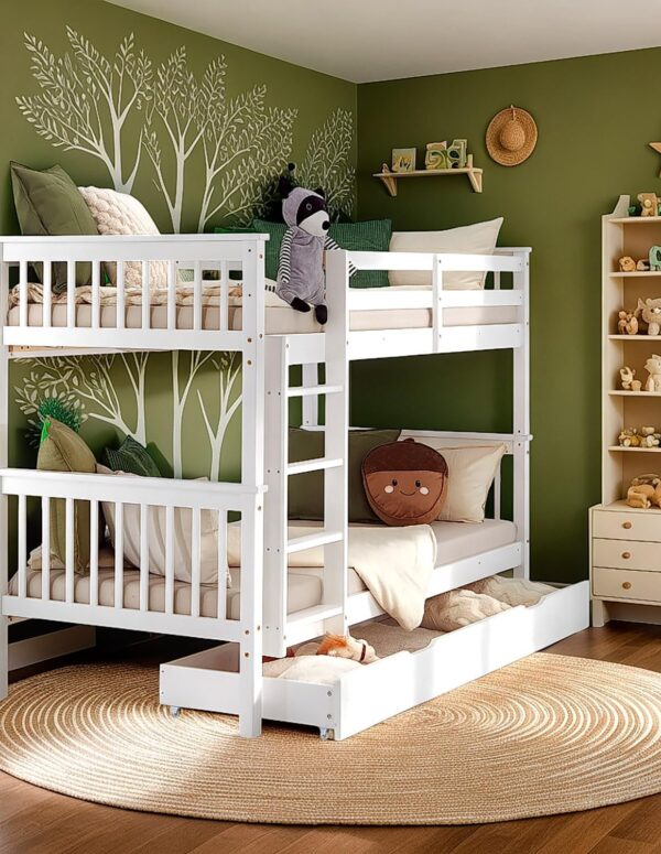 Etagenbett 90x200 mit Treppe und Bettkasten Weiß