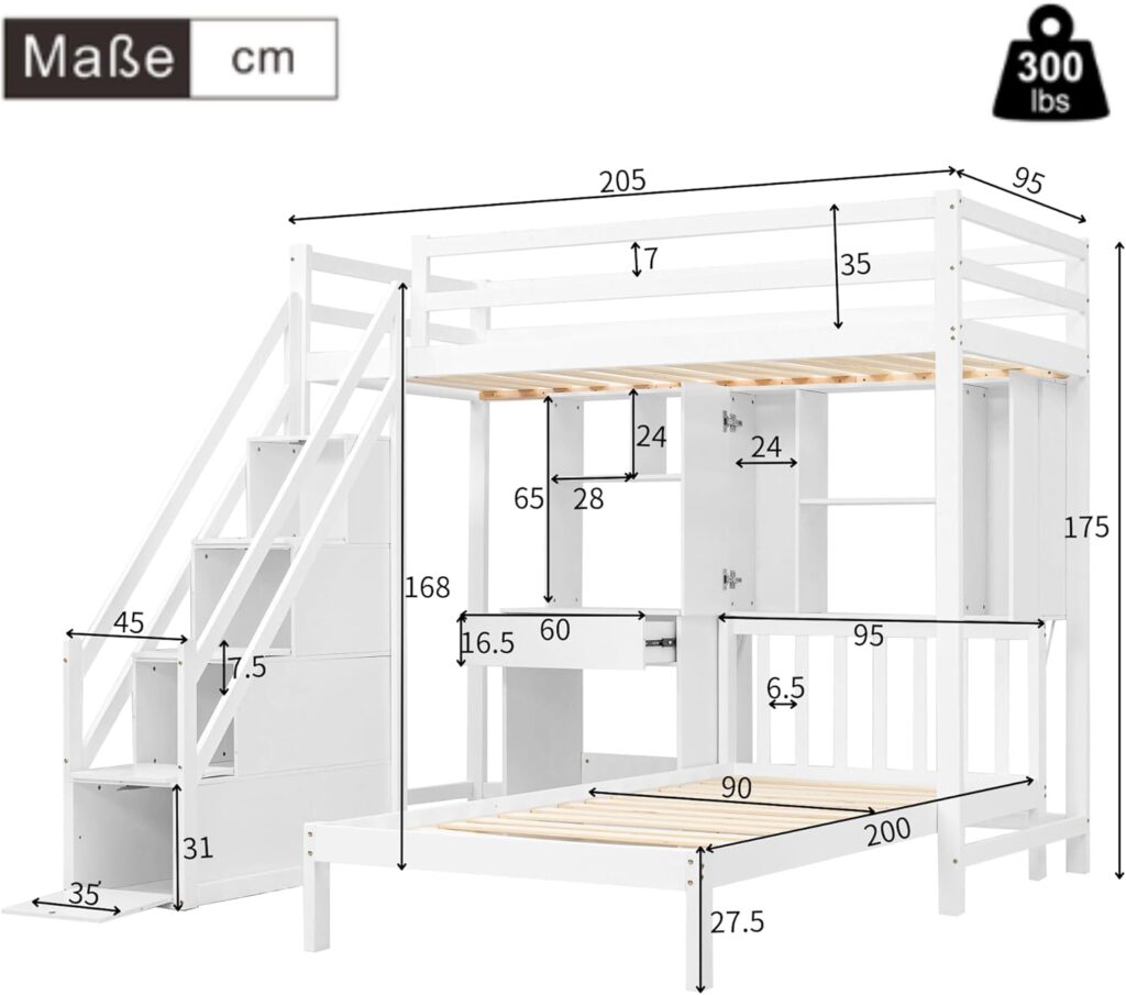 Etagenbett 90 x 200 cm, multifunktionales Kinderbett mit Schreibtisch und Regalen, Etagenbett mit Stauraumtreppe und Lattenrost, großer Stauraum, Kinder-Doppelbett, weiß, ohne Matratze