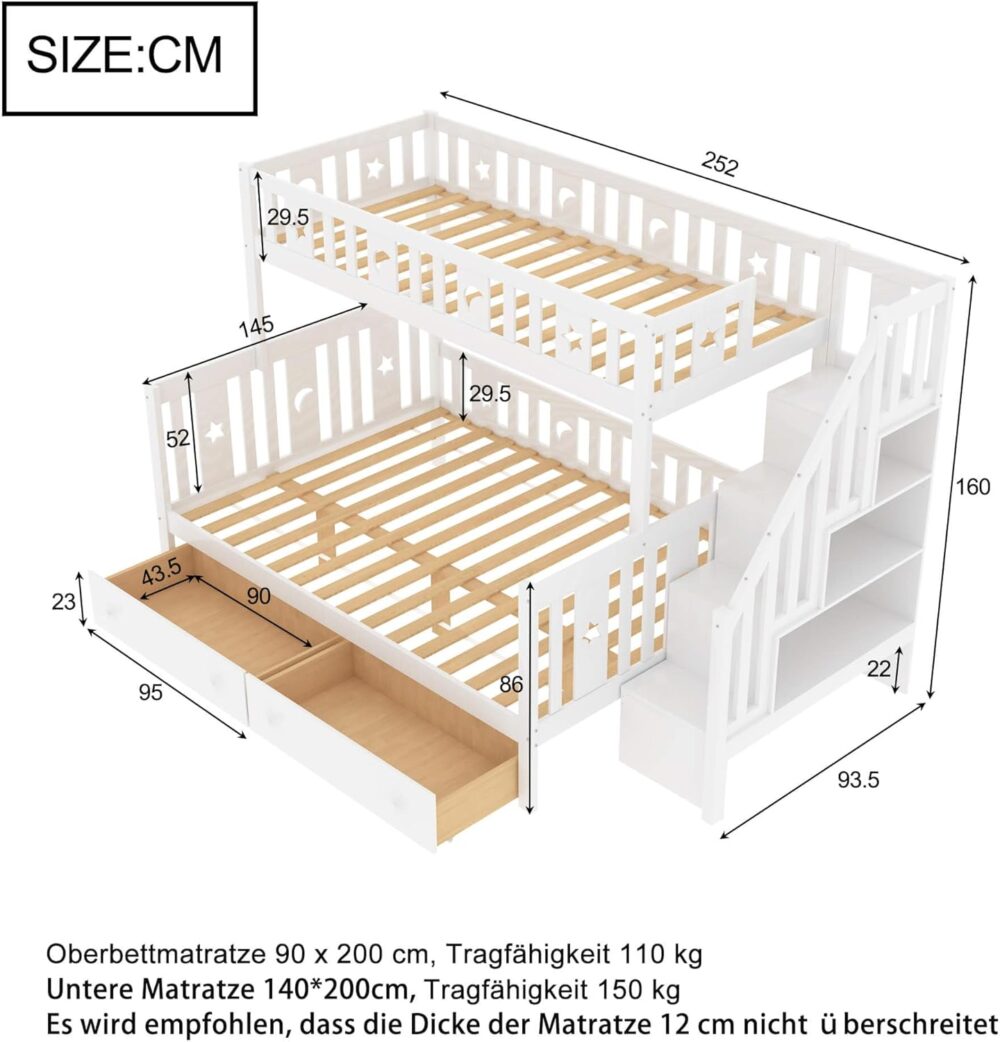 Etagenbett aus Kiefernholz mit Treppe und Schubladen – Bild 2