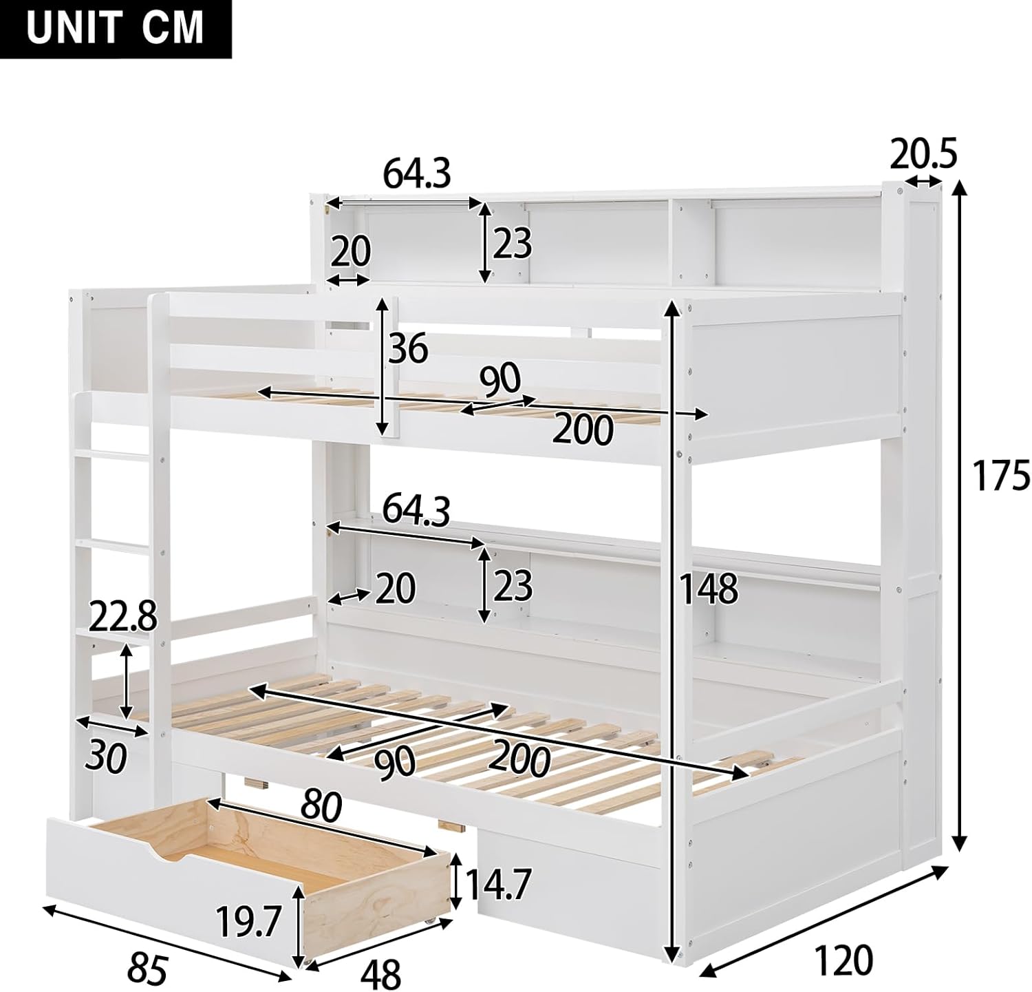Wooden bunk bed with drawers and storage space white – Bild 2