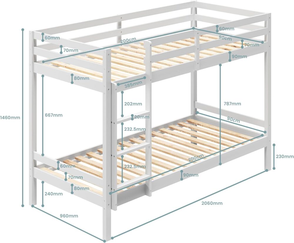 Etagenbett, Etagenbett 90 x 200 cm, Kinderbett aus Holz, EN 747 zertifiziert, platzsparendes und sicheres Etagenbett, 206 x 96 x 146 cm (B x T x H), weiß, geeignet für 4 bis 18 Jahre – Bild 2