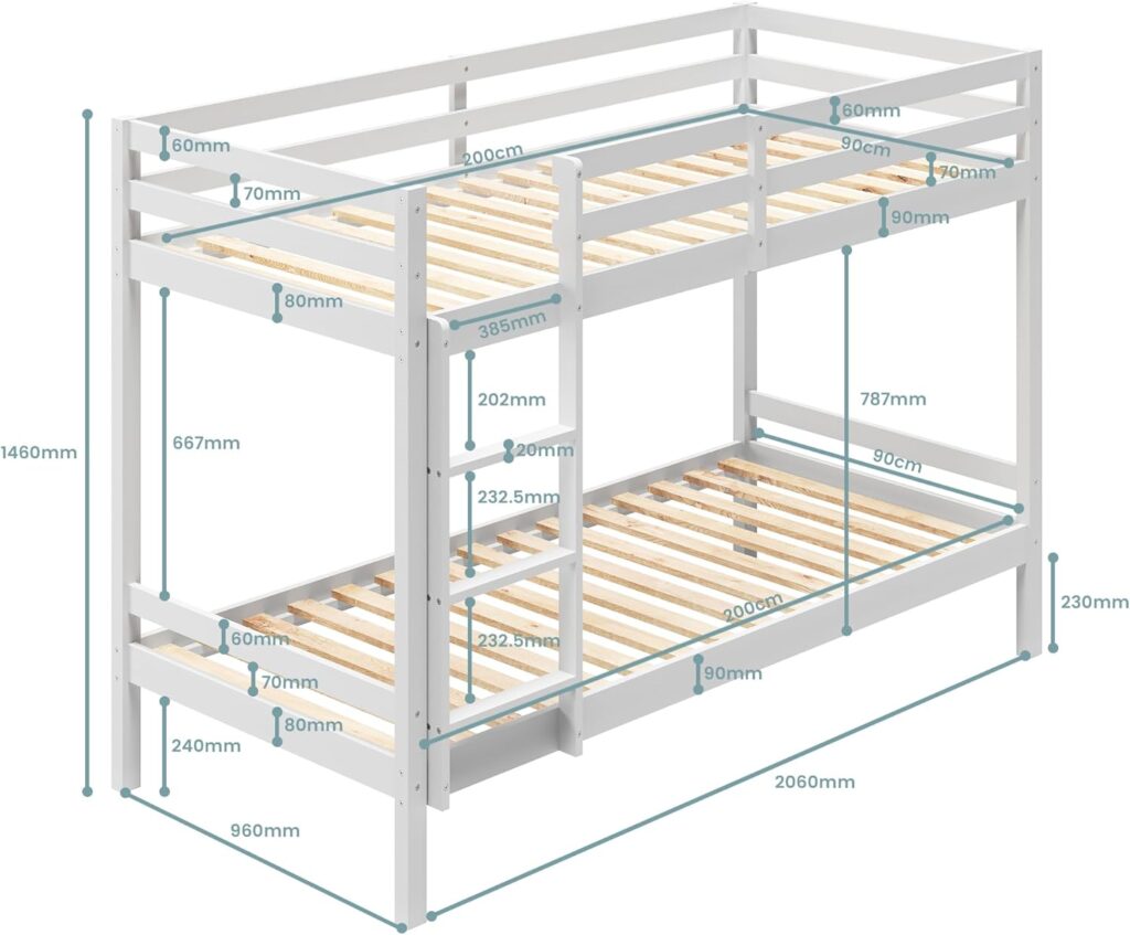 Etagenbett, Etagenbett 90 x 200 cm, Kinderbett aus Holz, EN 747 zertifiziert, platzsparendes und sicheres Etagenbett, 206 x 96 x 146 cm (B x T x H), weiß, geeignet für 4 bis 18 Jahre