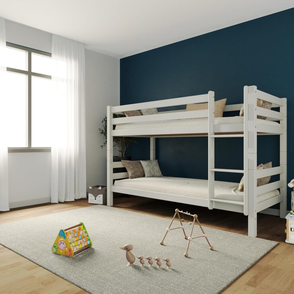 Massivholz-Etagenbett für 2 Kinder aus Kernbuche 90 x 200 cm – Doppelstockbett mit Lattenrost – Kinder-Etagenbett mit Treppe