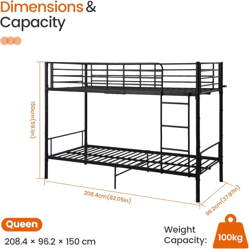 Metall-Etagenbett, Etagenbett, 90 x 200 cm, Metallbett, Jugendbett, Doppelstockbett mit Lattenrost, Schlafzimmer – Schwarz