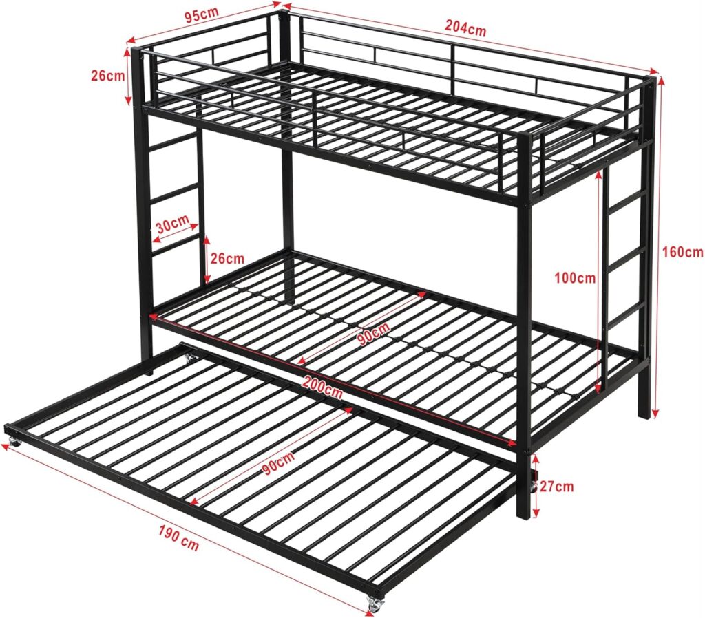 Etagenbett mit Ausziehbett, für 3 Erwachsene und Kinder, Metall-Jugendbett, dreifach, 90 x 200 + 90 x 190 cm, Schwarz