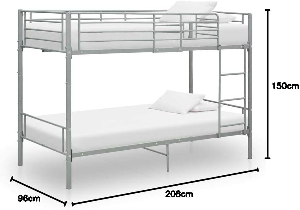 Metall-Etagenbett, 90 x 200 cm, mit Schutzgeländern und Zugangstreppe (Grau)