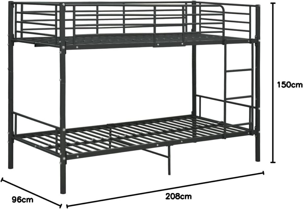 Metall-Etagenbett, 90 x 200 cm, mit Schutzgeländern und Zugangsleitern (Schwarz) – Bild 2